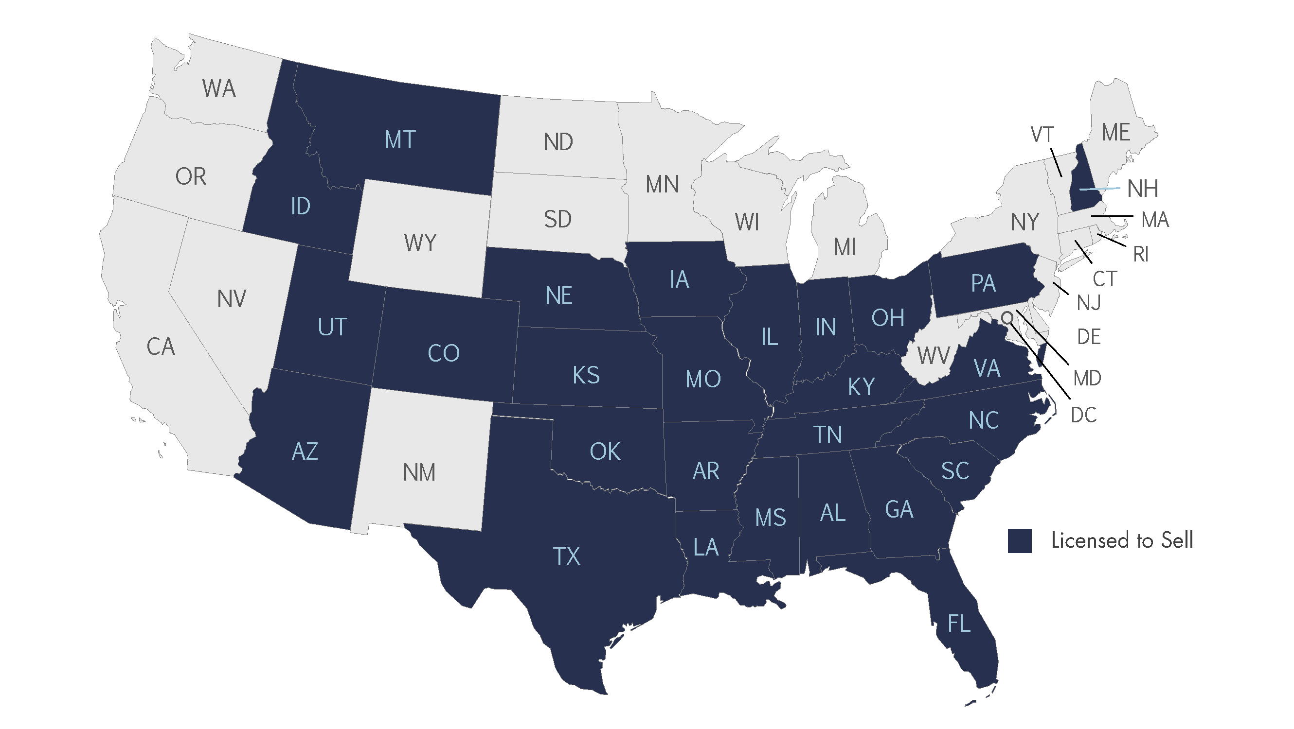 Map of the United States of America with states in AssureSource's service area colored in dark blue.